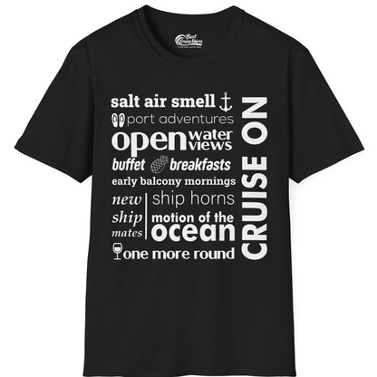 Cruise On Typography Collage Bold Nautical Ship Life Shirt — T-Shirt T-Shirt – Black – Best Cruise Shirts