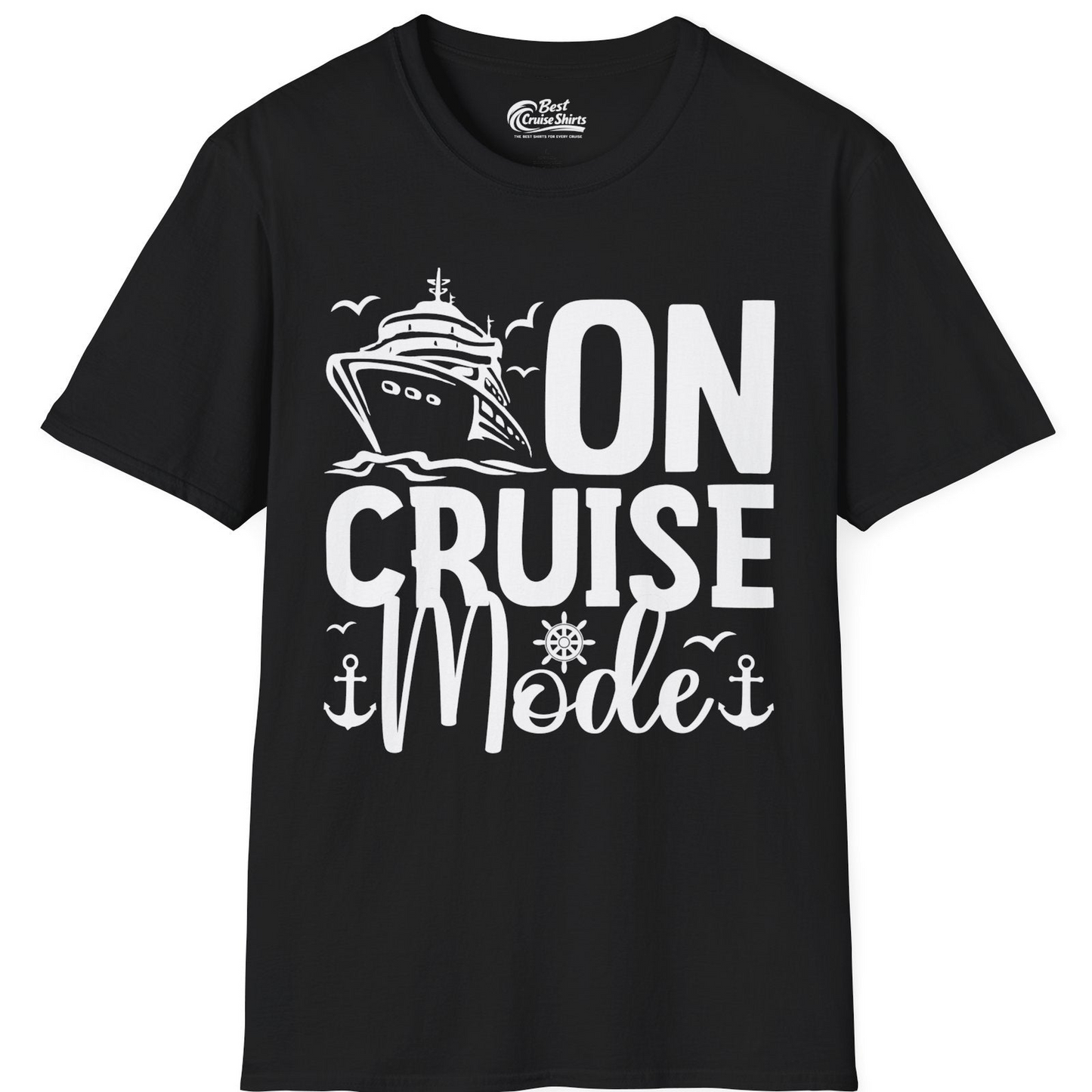 On Cruise Mode Nautical Typography Shirt with Ship Anchor Helm Icons — T-Shirt T-Shirt – Black – Best Cruise Shirts