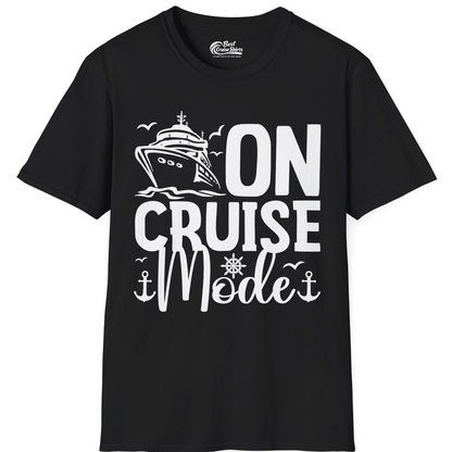 On Cruise Mode Nautical Typography Shirt with Ship Anchor Helm Icons — T-Shirt T-Shirt – Black – Best Cruise Shirts