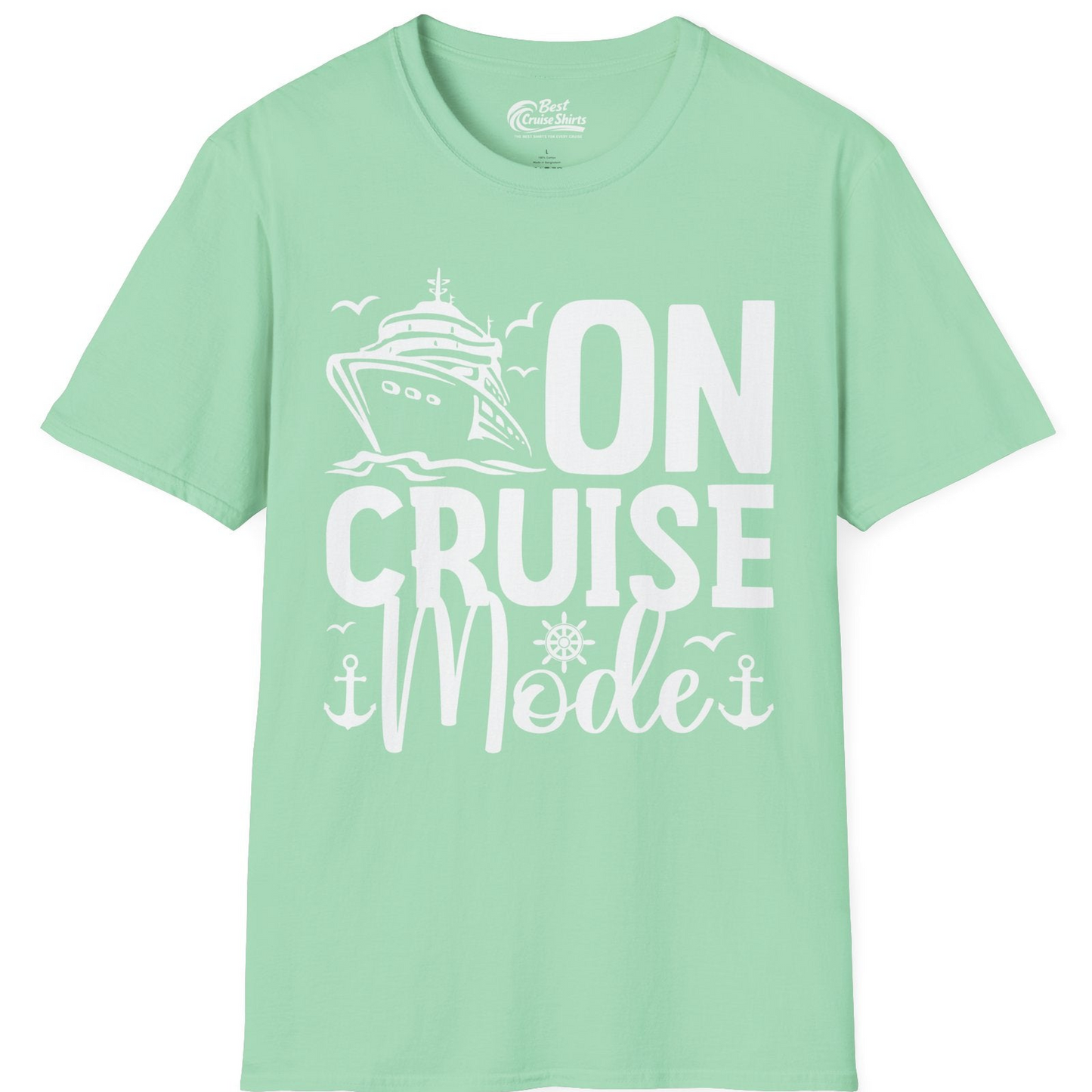On Cruise Mode Nautical Typography Shirt with Ship Anchor Helm Icons — T-Shirt T-Shirt – Mint Green – Best Cruise Shirts