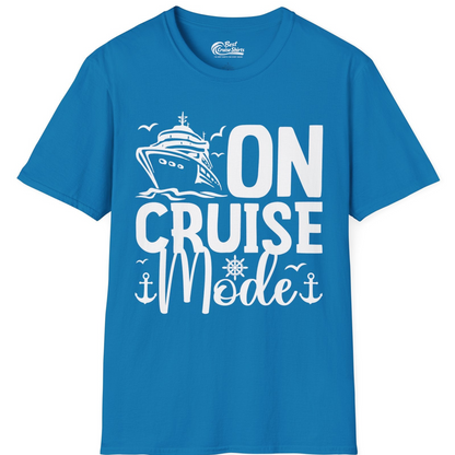 On Cruise Mode Nautical Typography Shirt with Ship Anchor Helm Icons — T-Shirt T-Shirt – Sapphire – Best Cruise Shirts