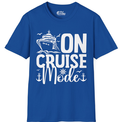 On Cruise Mode Nautical Typography Shirt with Ship Anchor Helm Icons — T-Shirt T-Shirt – Royal – Best Cruise Shirts