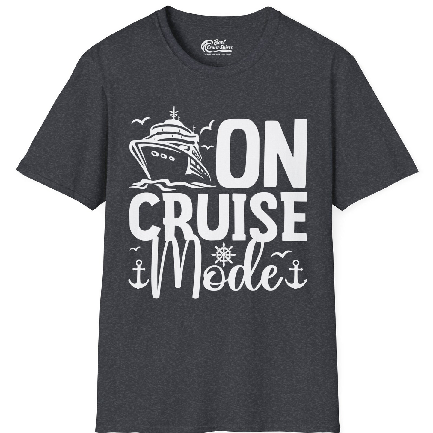 On Cruise Mode Nautical Typography Shirt with Ship Anchor Helm Icons — T-Shirt T-Shirt – Dark Heather Grey – Best Cruise Shirts