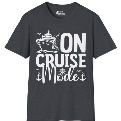 On Cruise Mode Nautical Typography Shirt with Ship Anchor Helm Icons — T-Shirt T-Shirt – Dark Heather Grey – Best Cruise Shirts
