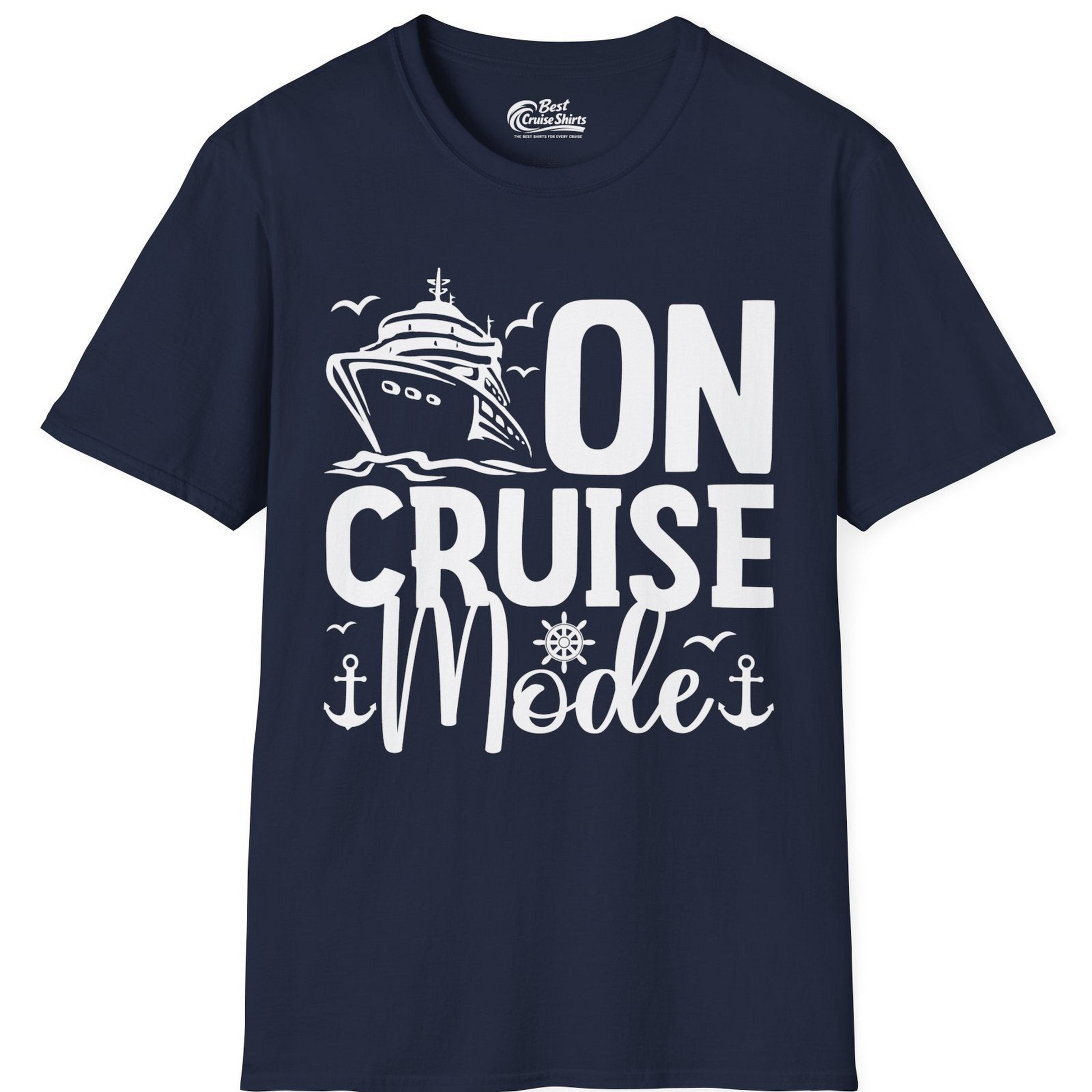 On Cruise Mode Nautical Typography Shirt with Ship Anchor Helm Icons — T-Shirt T-Shirt – Navy – Best Cruise Shirts