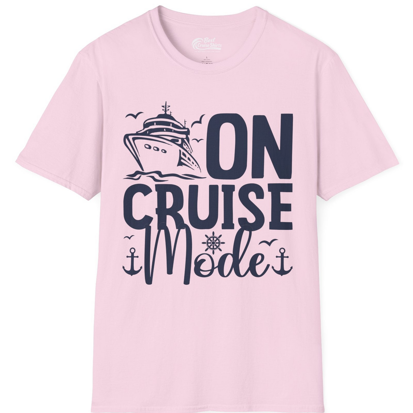 On Cruise Mode Nautical Typography Shirt with Ship Anchor Helm Icons — T-Shirt T-Shirt – Light Pink – Best Cruise Shirts