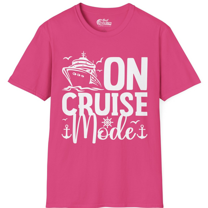 On Cruise Mode Nautical Typography Shirt with Ship Anchor Helm Icons — T-Shirt T-Shirt – Heliconia – Best Cruise Shirts