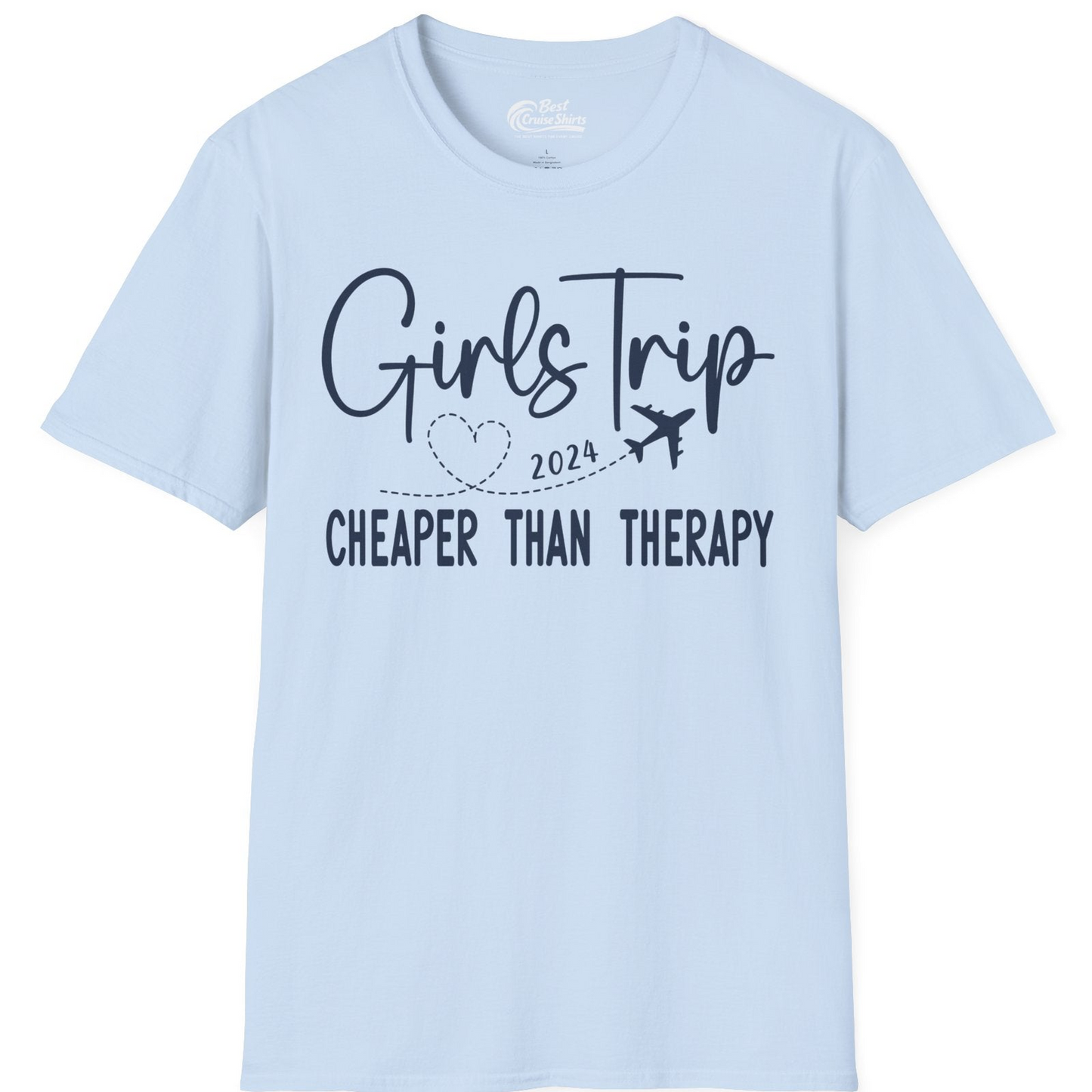 Girls Trip 2024 Cheaper Than Therapy Airplane Heart Travel Shirt — T-Shirt T-Shirt – Light Blue – Best Cruise Shirts