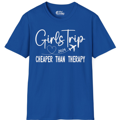 Girls Trip 2024 Cheaper Than Therapy Airplane Heart Travel Shirt — T-Shirt T-Shirt – Royal – Best Cruise Shirts