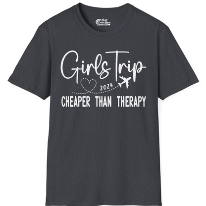 Girls Trip 2024 Cheaper Than Therapy Airplane Heart Travel Shirt — T-Shirt T-Shirt – Dark Heather Grey – Best Cruise Shirts