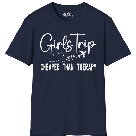 Girls Trip 2024 Cheaper Than Therapy Airplane Heart Travel Shirt — T-Shirt T-Shirt – Navy – Best Cruise Shirts
