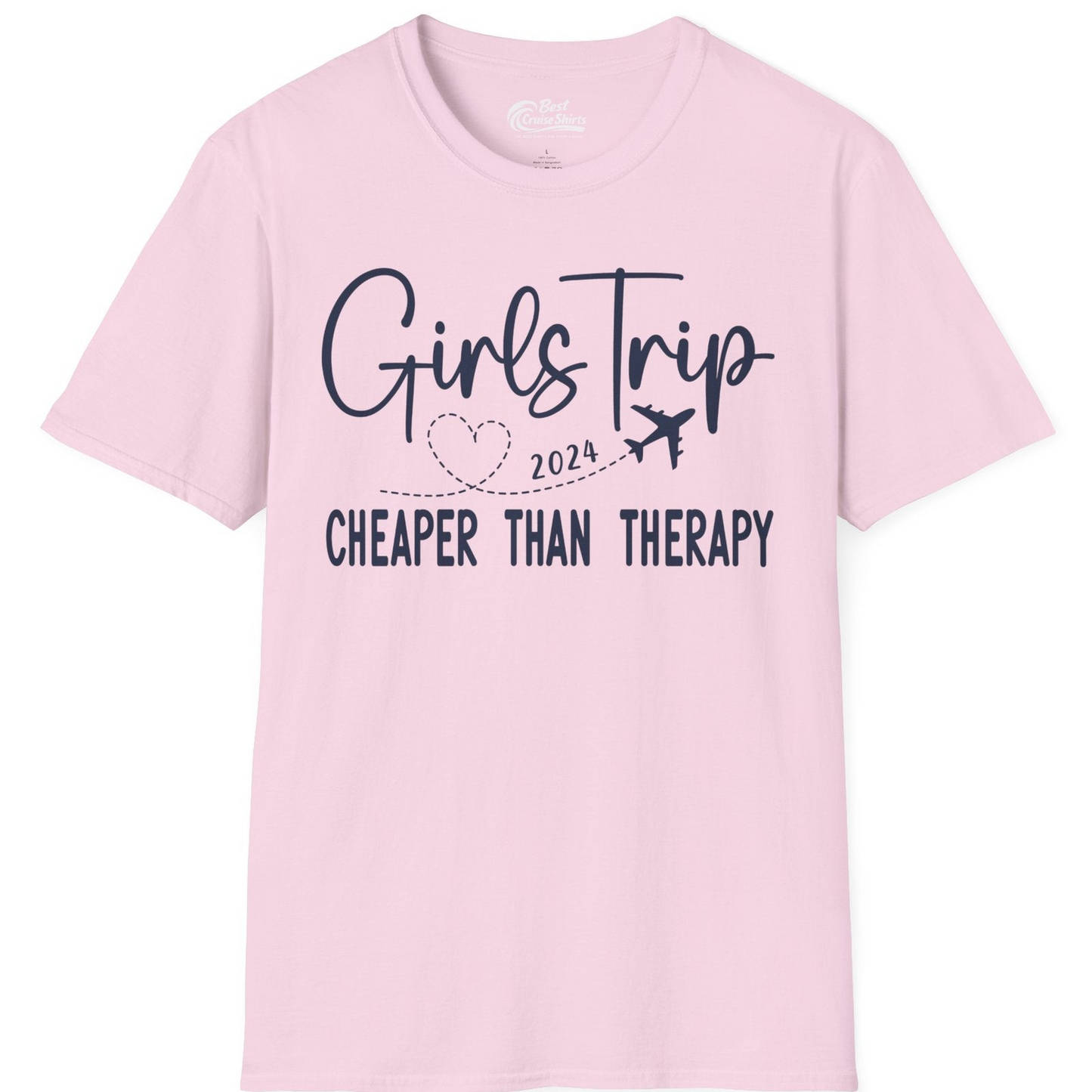 Girls Trip 2024 Cheaper Than Therapy Airplane Heart Travel Shirt — T-Shirt T-Shirt – Light Pink – Best Cruise Shirts
