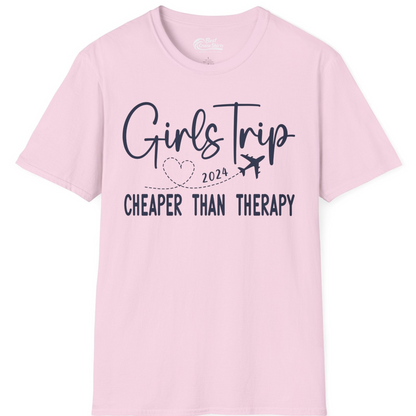 Girls Trip 2024 Cheaper Than Therapy Airplane Heart Travel Shirt — T-Shirt T-Shirt – Light Pink – Best Cruise Shirts