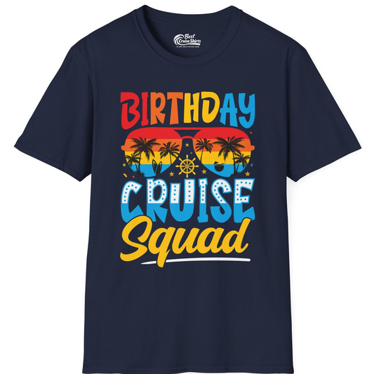 Birthday Cruise Squad Tropical Sunset Palm Tree Group Shirt — T-Shirt T-Shirt – Navy – Best Cruise Shirts