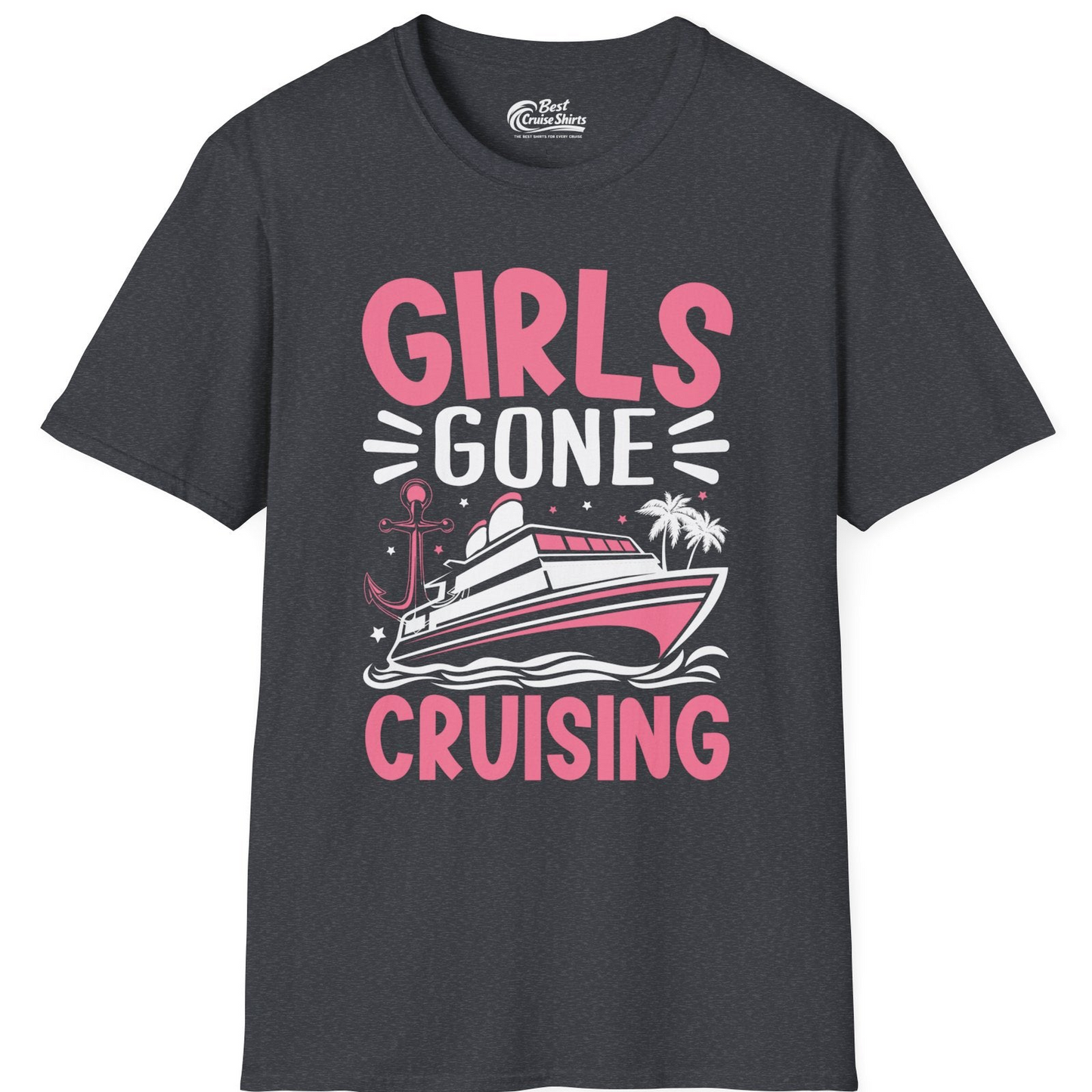 Girls Gone Cruising Tropical Pink Group Cruise Adventure Shirt — T-Shirt T-Shirt – Dark Heather Grey – Best Cruise Shirts