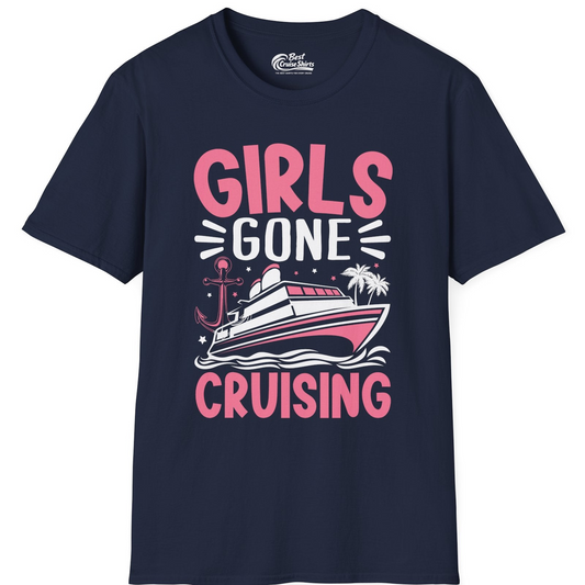 Girls Gone Cruising Tropical Pink Group Cruise Adventure Shirt — T-Shirt T-Shirt – Navy – Best Cruise Shirts