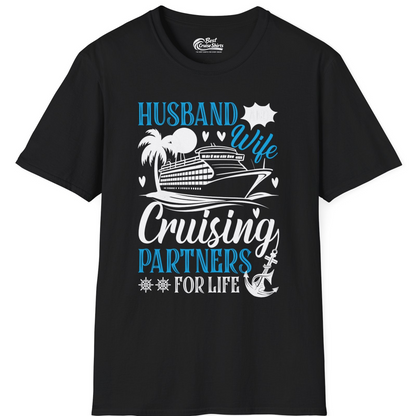 Husband Wife Cruising Partners for Life Nautical Couple Shirt — T-Shirt T-Shirt – Black – Best Cruise Shirts