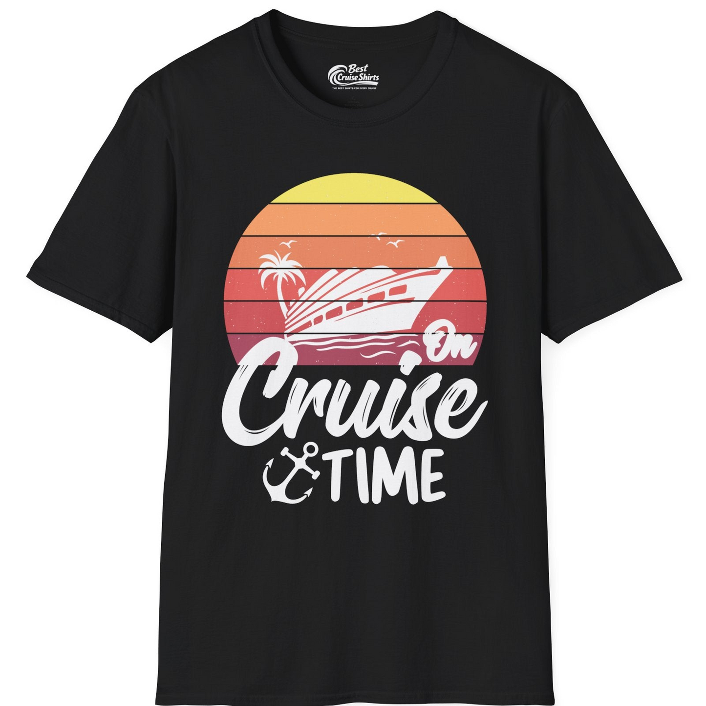Retro Sunset Cruise Ship Palm Tree Anchor T-Shirt – Black – Best Cruise Shirts