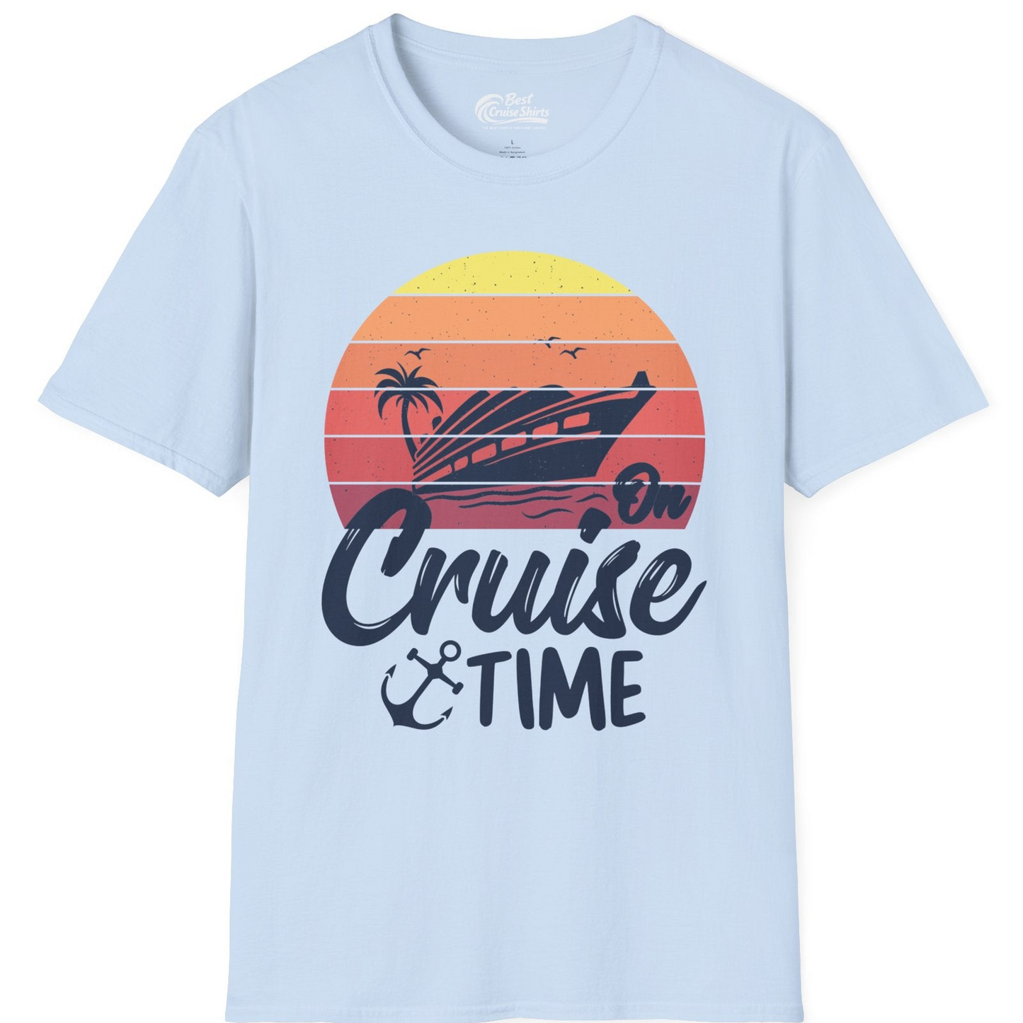 Retro Sunset Cruise Ship Palm Tree Anchor T-Shirt – Light Blue – Best Cruise Shirts