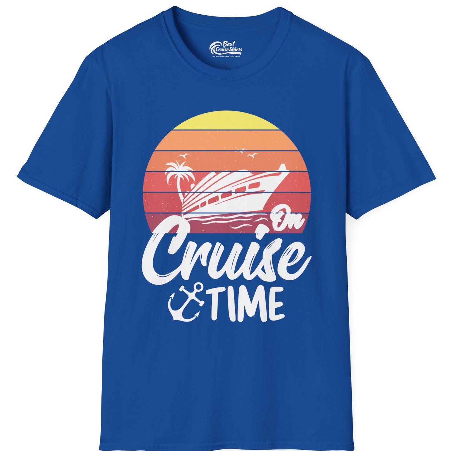 Retro Sunset Cruise Ship Palm Tree Anchor T-Shirt – Royal – Best Cruise Shirts