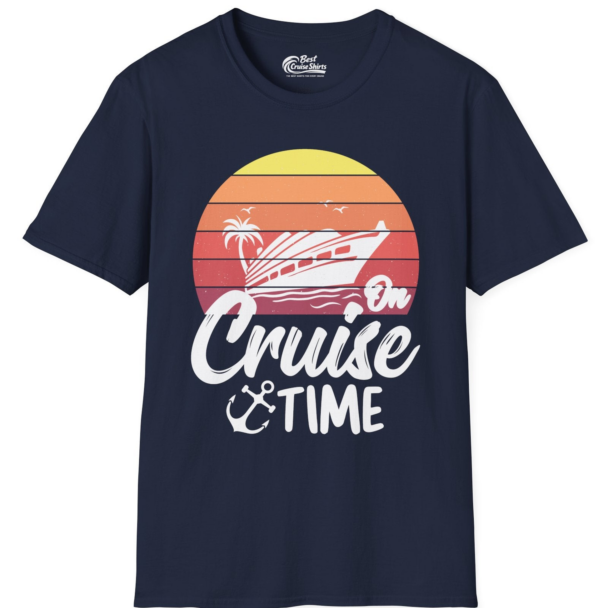 Retro Sunset Cruise Ship Palm Tree Anchor T-Shirt – Navy – Best Cruise Shirts