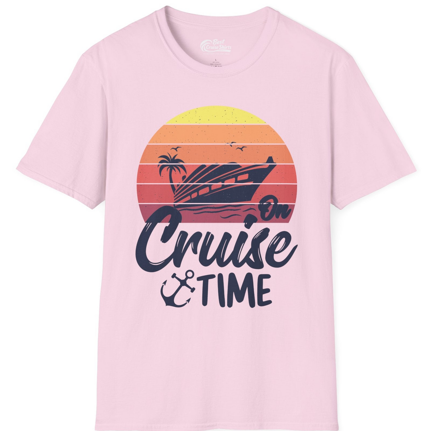 Retro Sunset Cruise Ship Palm Tree Anchor T-Shirt – Light Pink – Best Cruise Shirts