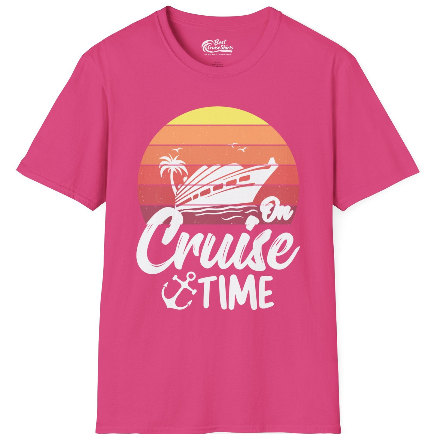 Retro Sunset Cruise Ship Palm Tree Anchor T-Shirt – Heliconia – Best Cruise Shirts