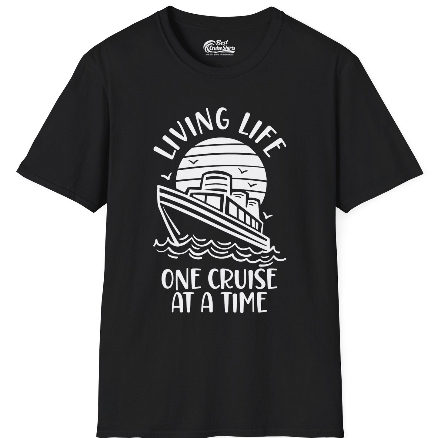 Living Life One Cruise at a Time Ocean Sunset Waves Graphic Shirt — T-Shirt T-Shirt – Black – Best Cruise Shirts