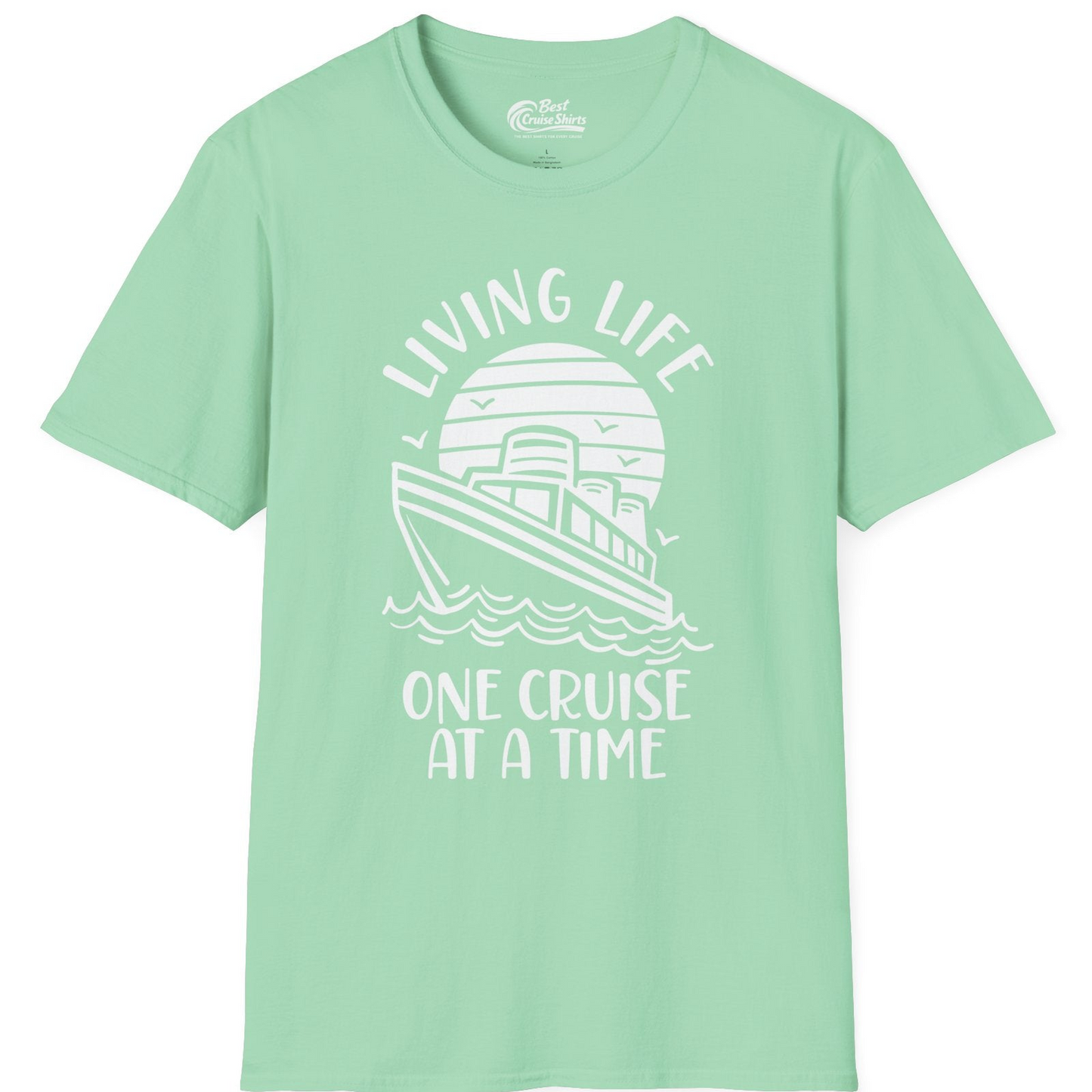 Living Life One Cruise at a Time Ocean Sunset Waves Graphic Shirt — T-Shirt T-Shirt – Mint Green – Best Cruise Shirts