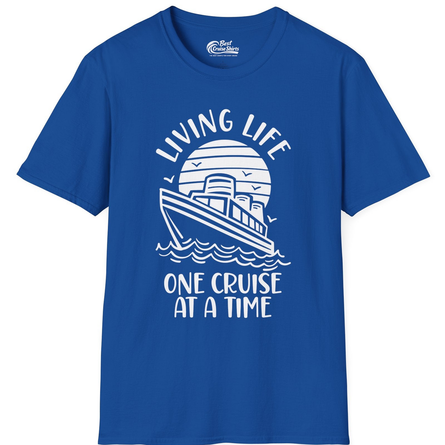 Living Life One Cruise at a Time Ocean Sunset Waves Graphic Shirt — T-Shirt T-Shirt – Royal – Best Cruise Shirts