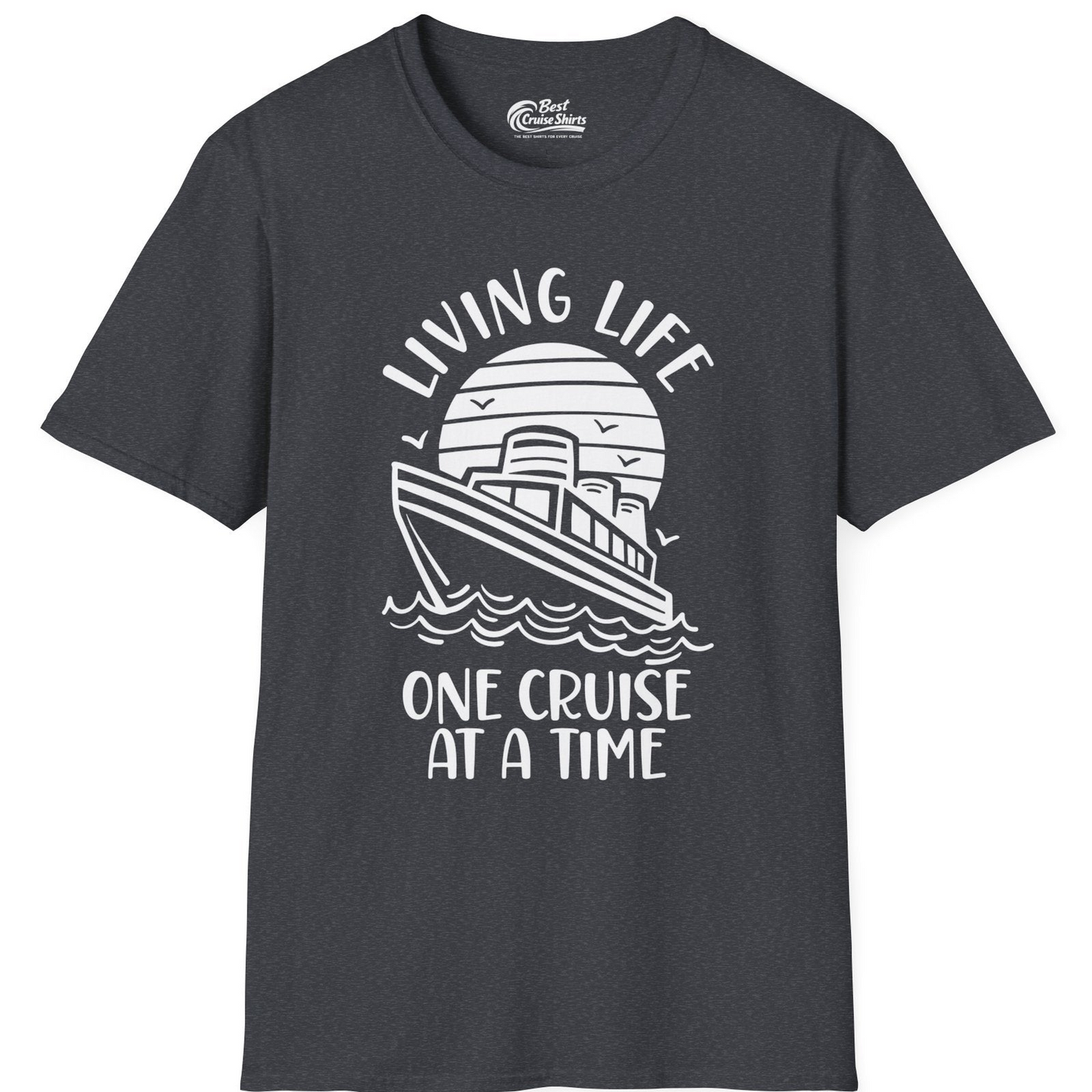 Living Life One Cruise at a Time Ocean Sunset Waves Graphic Shirt — T-Shirt T-Shirt – Dark Heather Grey – Best Cruise Shirts