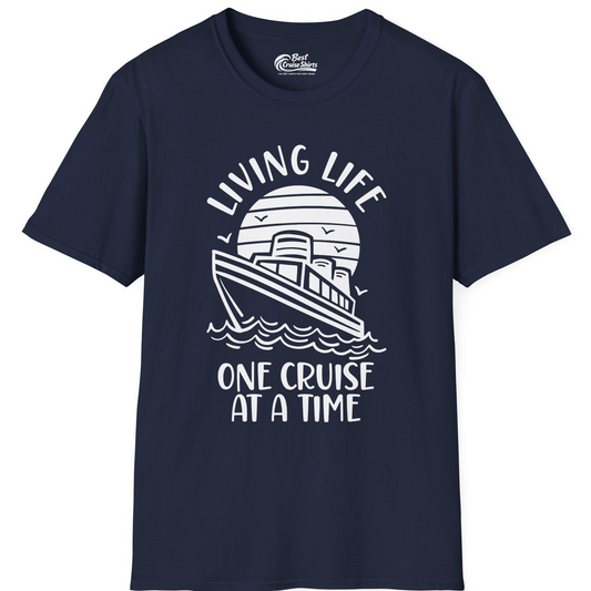 Living Life One Cruise at a Time Ocean Sunset Waves Graphic Shirt — T-Shirt T-Shirt – Navy – Best Cruise Shirts