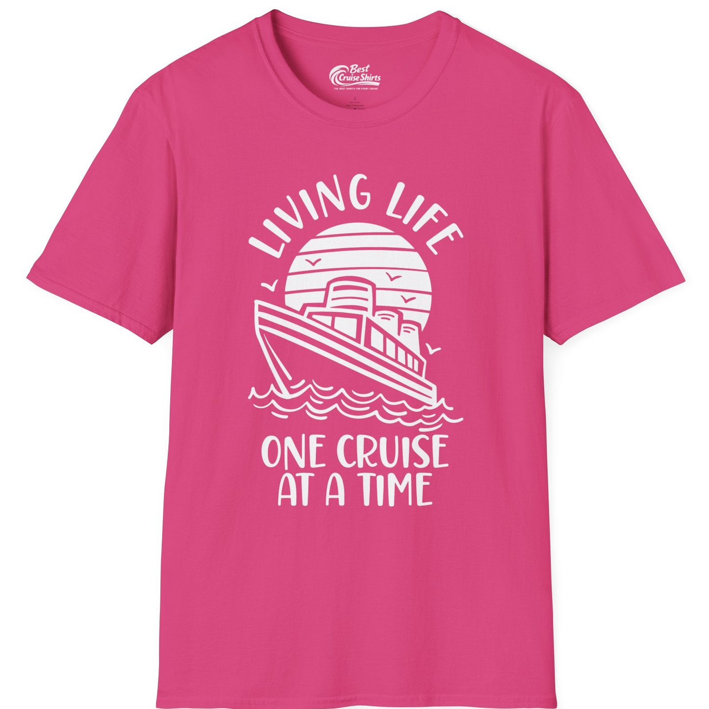 Living Life One Cruise at a Time Ocean Sunset Waves Graphic Shirt — T-Shirt T-Shirt – Heliconia – Best Cruise Shirts