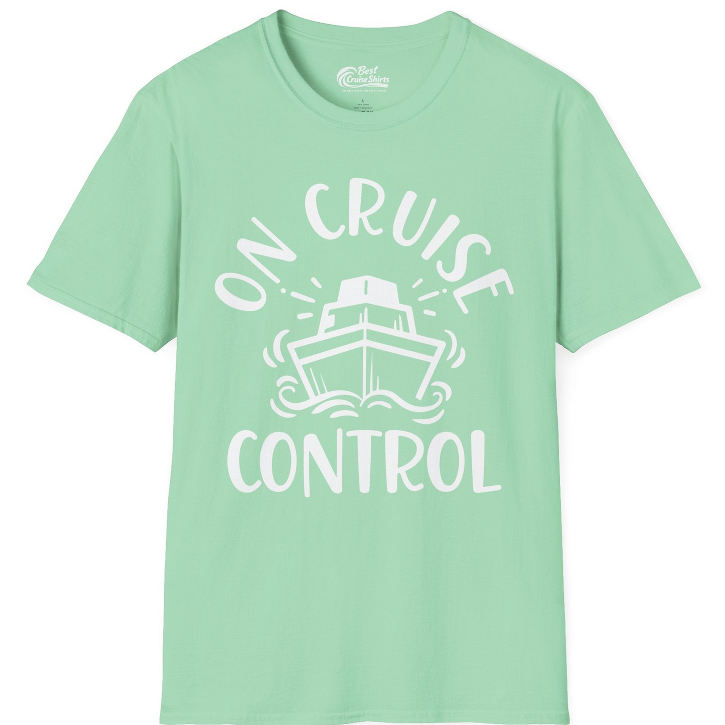 On Cruise Control Nautical Humor Shirt with Bold Ship and Waves — T-Shirt T-Shirt – Mint Green – Best Cruise Shirts