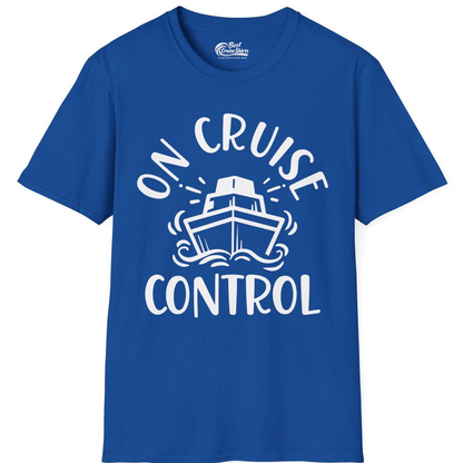 On Cruise Control Nautical Humor Shirt with Bold Ship and Waves — T-Shirt T-Shirt – Royal – Best Cruise Shirts