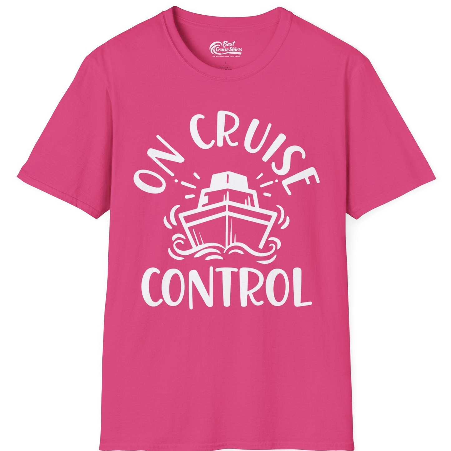 On Cruise Control Nautical Humor Shirt with Bold Ship and Waves — T-Shirt T-Shirt – Heliconia – Best Cruise Shirts