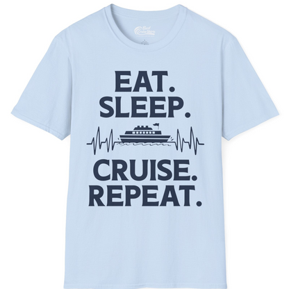 Eat Sleep Cruise Repeat Shirt with Cruise Ship Graphic Bold Text — T-Shirt T-Shirt – Light Blue – Best Cruise Shirts