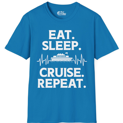Eat Sleep Cruise Repeat Shirt with Cruise Ship Graphic Bold Text — T-Shirt T-Shirt – Sapphire – Best Cruise Shirts