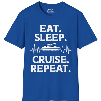 Eat Sleep Cruise Repeat Shirt with Cruise Ship Graphic Bold Text — T-Shirt T-Shirt – Royal – Best Cruise Shirts