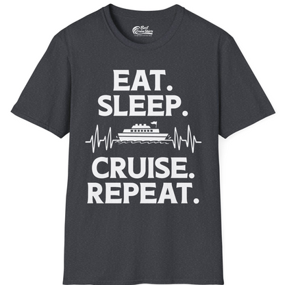 Eat Sleep Cruise Repeat Shirt with Cruise Ship Graphic Bold Text — T-Shirt T-Shirt – Dark Heather Grey – Best Cruise Shirts
