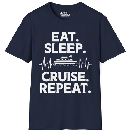 Eat Sleep Cruise Repeat Shirt with Cruise Ship Graphic Bold Text — T-Shirt T-Shirt – Navy – Best Cruise Shirts
