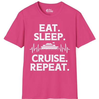Eat Sleep Cruise Repeat Shirt with Cruise Ship Graphic Bold Text — T-Shirt T-Shirt – Heliconia – Best Cruise Shirts