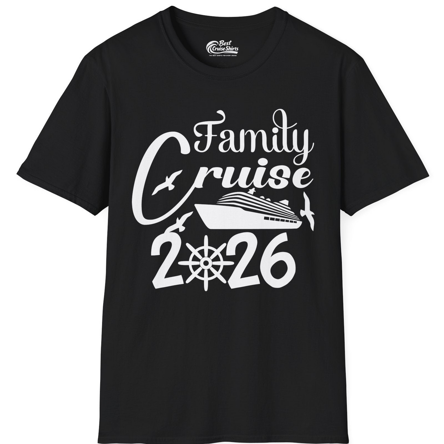 Family Cruise 2026 Shirt with Cruise Ship and Seagulls Graphic — T-Shirt T-Shirt – Black – Best Cruise Shirts