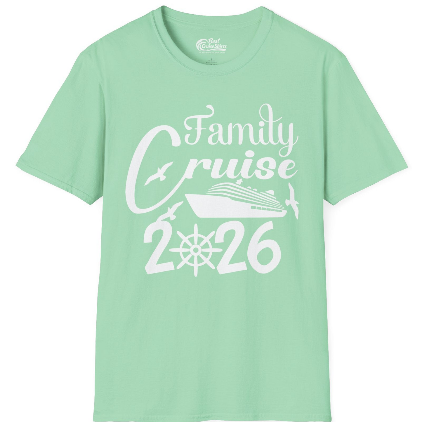 Family Cruise 2026 Shirt with Cruise Ship and Seagulls Graphic — T-Shirt T-Shirt – Mint Green – Best Cruise Shirts