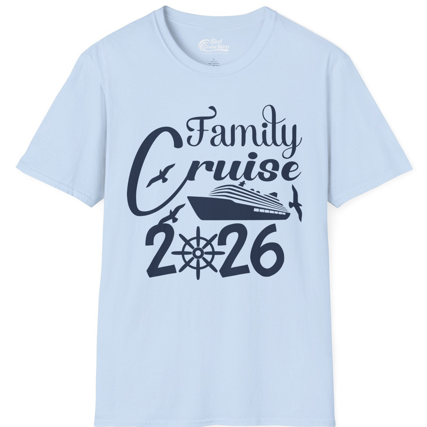 Family Cruise 2026 Shirt with Cruise Ship and Seagulls Graphic — T-Shirt T-Shirt – Light Blue – Best Cruise Shirts