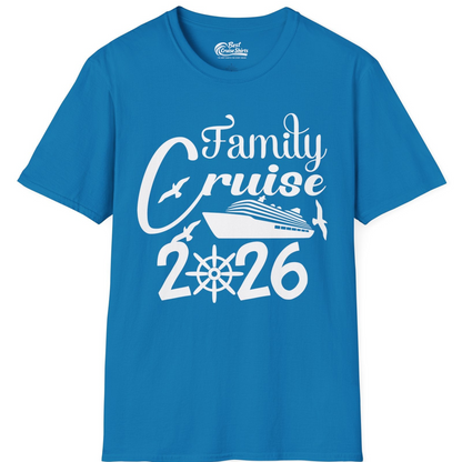 Family Cruise 2026 Shirt with Cruise Ship and Seagulls Graphic — T-Shirt T-Shirt – Sapphire – Best Cruise Shirts