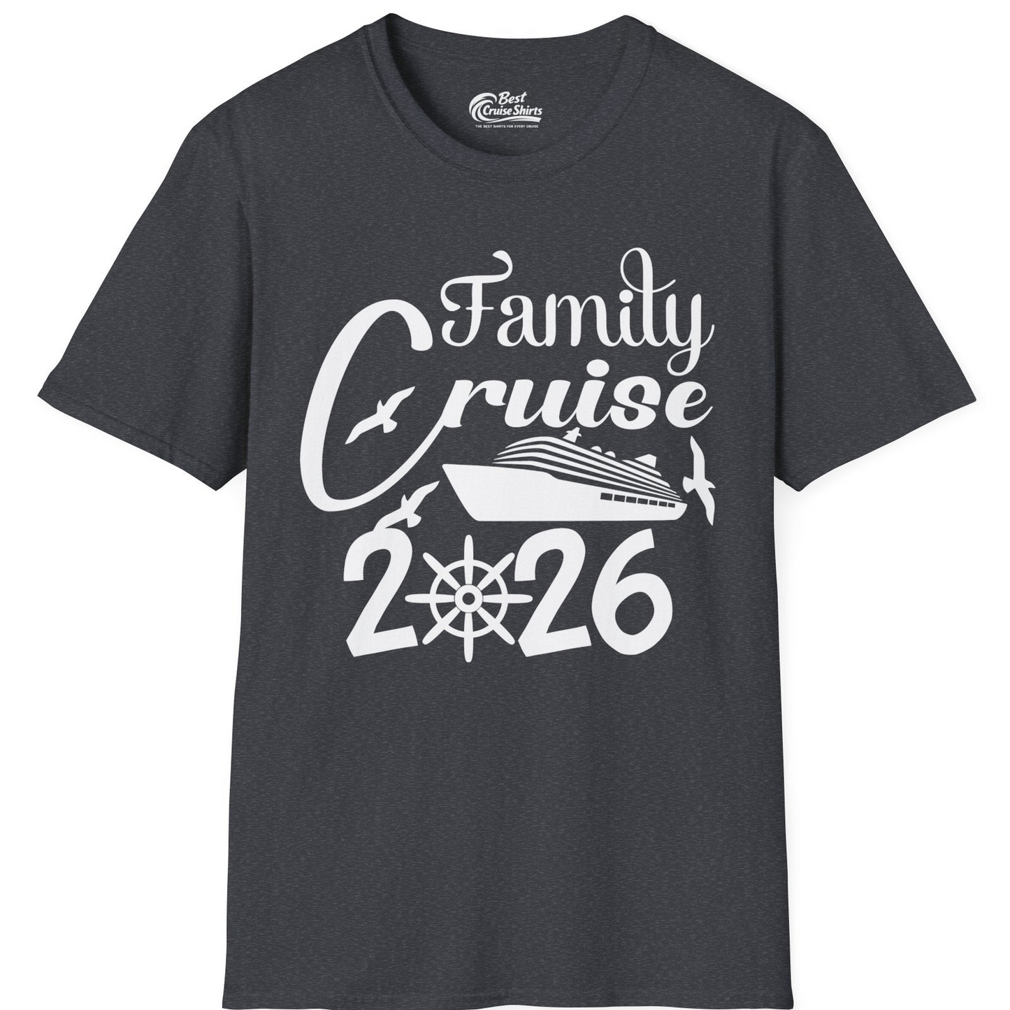Family Cruise 2026 Shirt with Cruise Ship and Seagulls Graphic — T-Shirt T-Shirt – Dark Heather Grey – Best Cruise Shirts