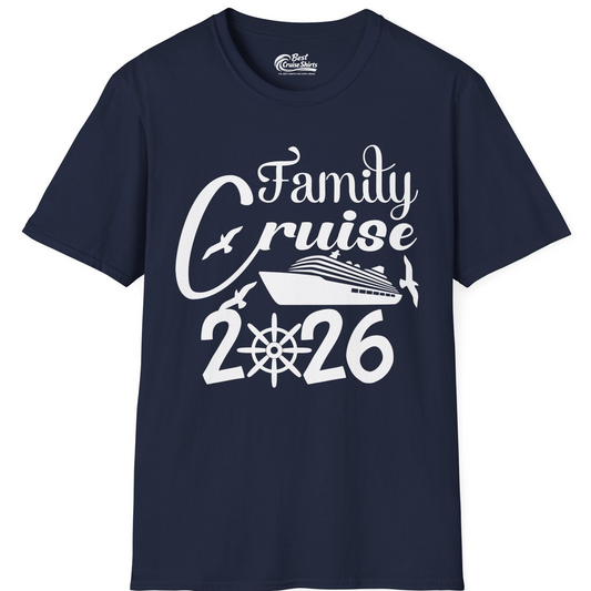 Family Cruise 2026 Shirt with Cruise Ship and Seagulls Graphic — T-Shirt T-Shirt – Navy – Best Cruise Shirts