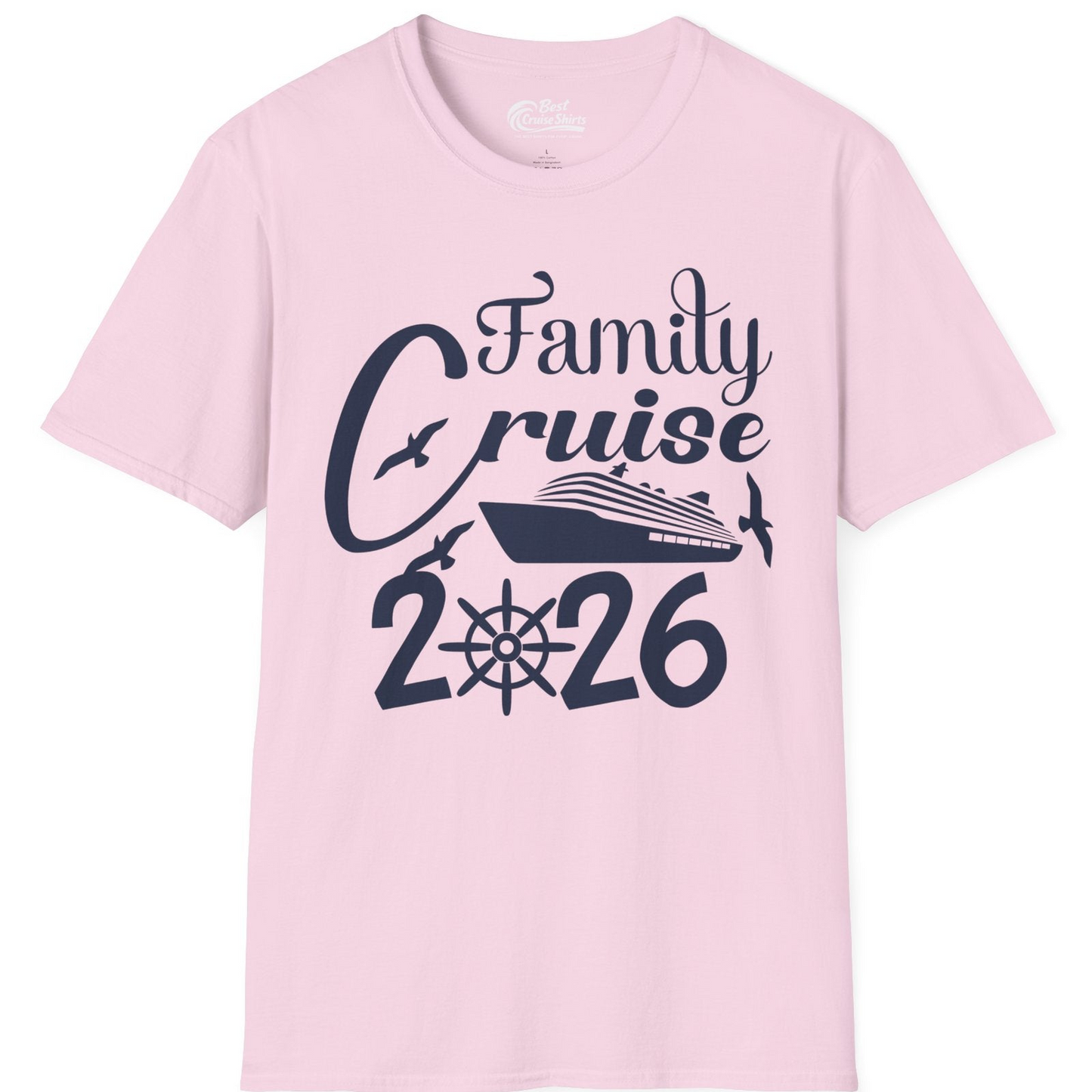 Family Cruise 2026 Shirt with Cruise Ship and Seagulls Graphic — T-Shirt T-Shirt – Light Pink – Best Cruise Shirts