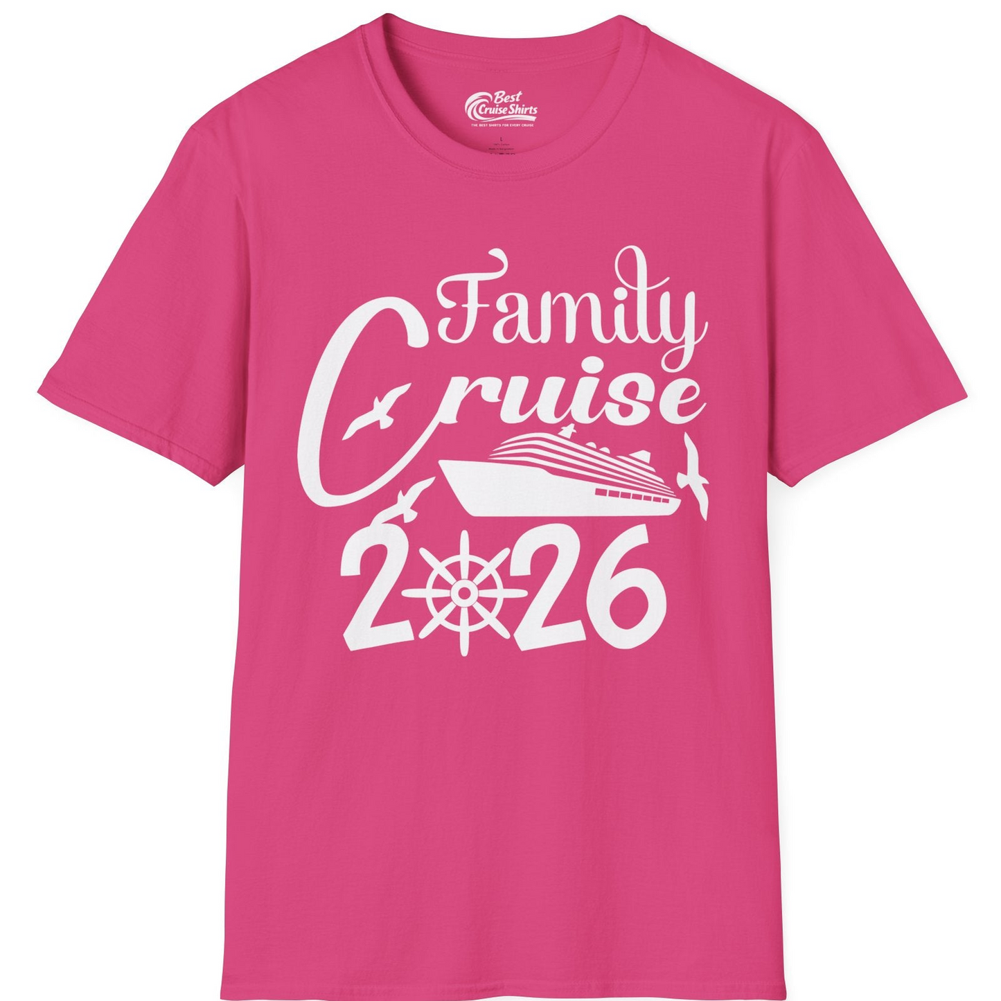 Family Cruise 2026 Shirt with Cruise Ship and Seagulls Graphic — T-Shirt T-Shirt – Heliconia – Best Cruise Shirts
